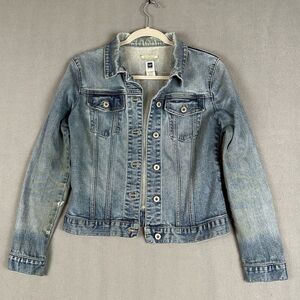 VTG Gap Denim‎ Trucker Jacket Womens S Donut Buttons Fade Whiskering Stretch Y2K